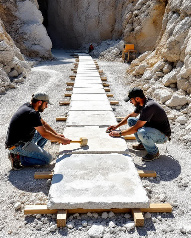 An integrated scene in a shaded stone yard at the edge of a quarry. One mason kneels beside five paving slabs laid acros