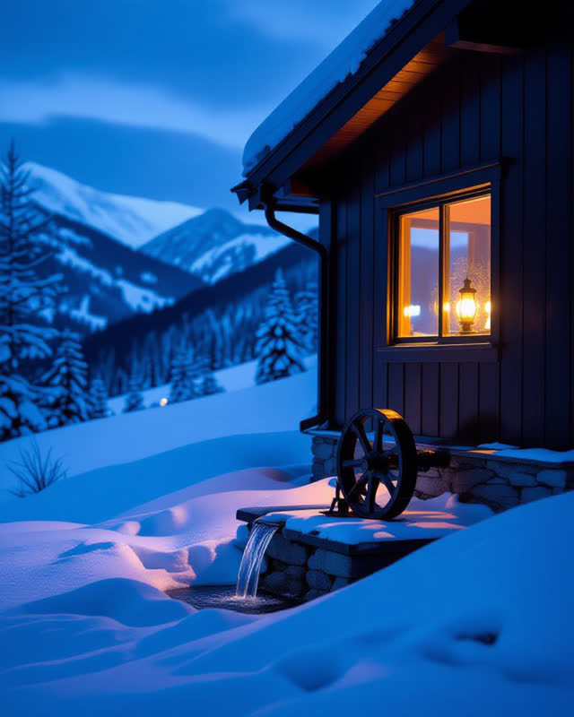 An integrated alpine scene at blue twilight. A compact weathered refuge sits beneath a bank of melting spring snow. A si