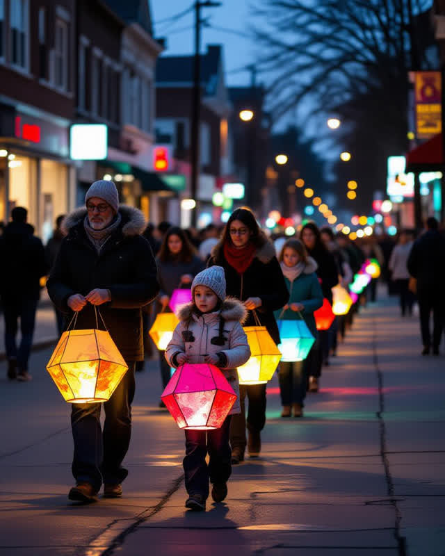 An integrated neighborhood evening procession moving diagonally along a worn painted-concrete street. Adults and childre