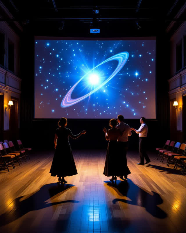 An integrated evening scene inside a worn community hall temporarily serving as both planetarium and ballroom. A compact