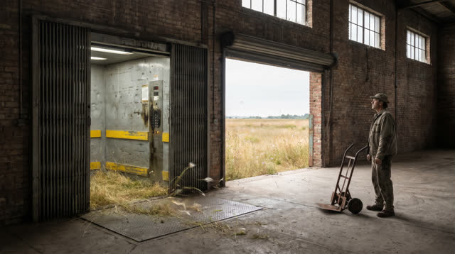 A buoyant dream inside an old brick warehouse. A scarred industrial freight elevator has stopped with its ribbed steel d