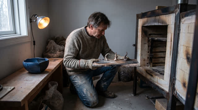 A lucid self-portrait in a small ceramics kiln room on a cold clear morning. One adult potter kneels naturally beside a