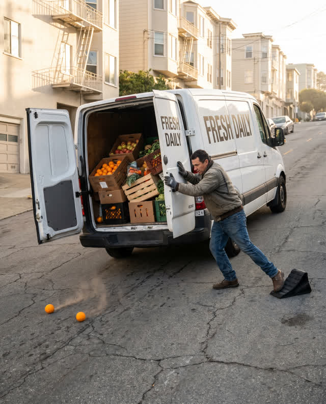 A restrained medium-tension scene on a steep dry residential street in late afternoon. A delivery van is parked across t