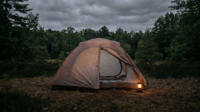 An inviting dream at a quiet campground beneath a fully clouded moonless night. In a wide low composition, one faded dus