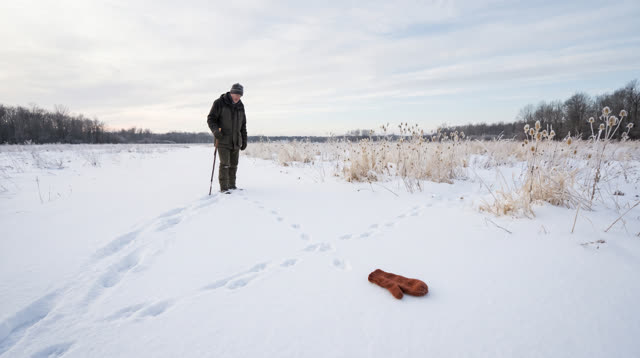 A lucid panoramic self-portrait in a wide snow-covered meadow during a cold clear morning softened by thin cloud. One ad