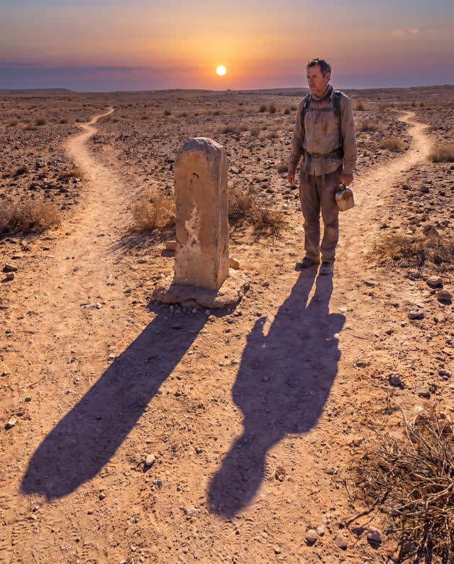 A restrained visual contradiction at a dry desert trail junction near sunset. One weathered upright stone marker stands