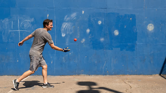 A lucid self-portrait on an outdoor handball court under hard high daylight. One adult plays alone against a broad worn