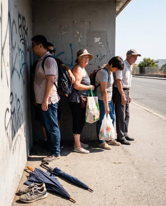A low-tension social challenge at a painted-concrete bus stop in severe midday heat. A narrow strip of dark shade falls