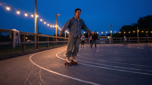 A lucid self-portrait at an open-air neighborhood roller rink during deep blue hour. One adult completes a broad relaxed