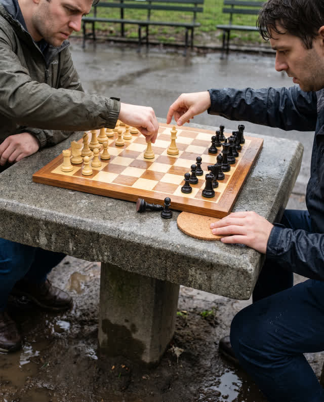 A low-tension challenge at a stone chess table in a public park after rain. One table leg has sunk slightly into softene