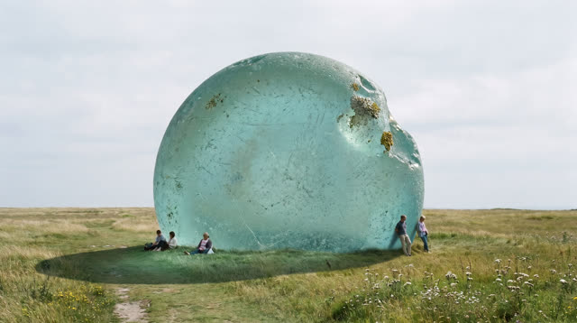 I dream of a broad windswept grass plain where a single enormous aqua sea-glass bead has been half-buried for generation