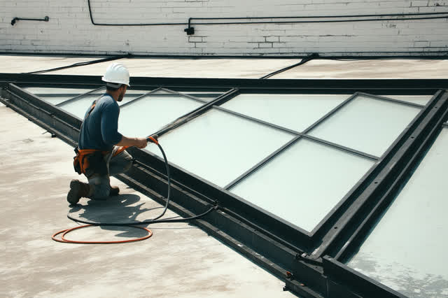 A humane maintenance scene on the low roof above an old apartment atrium. From a secure high oblique viewpoint, one work