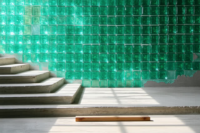 A focused architectural repair inside an old apartment stairwell made from rippled colored glass blocks. One glazier's w