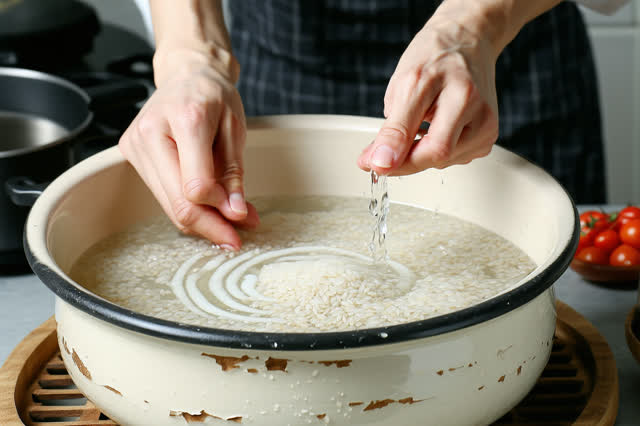A genuinely quiet kitchen before dawn. From a near-overhead angle, one adult's hands slowly rinse a modest amount of ric