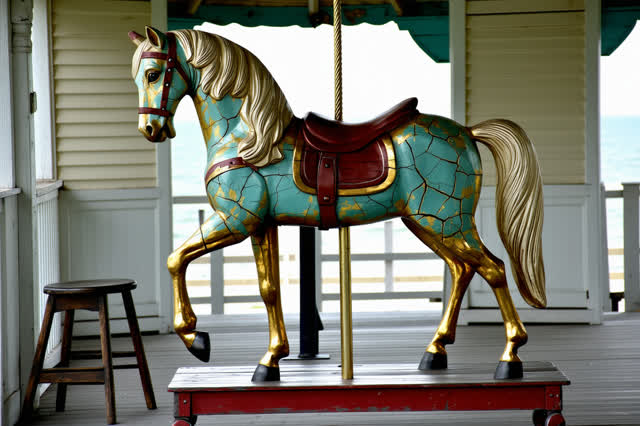 A hopeful restoration inside a closed seaside carousel pavilion before opening. Show a full three-quarter view of one fa