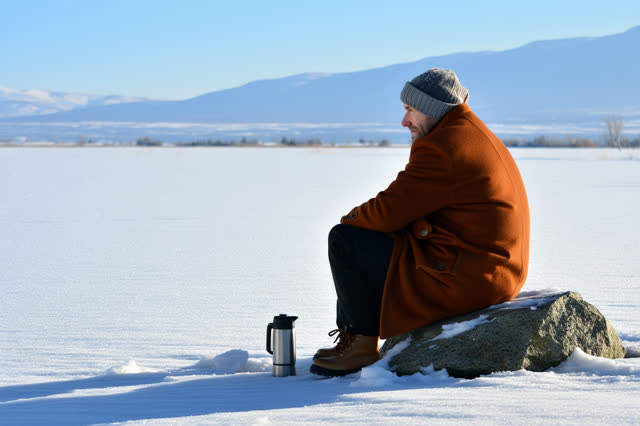 A genuinely quiet snowy upland meadow in low winter sunlight. One adult sits comfortably with their back against a large