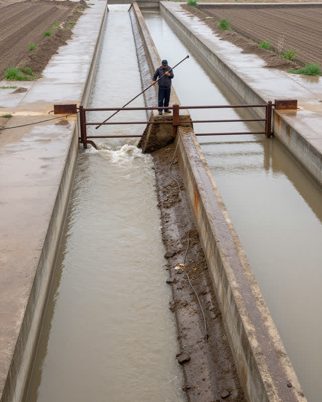 A restrained challenge at an agricultural irrigation fork under flat post-rain morning light. From a high oblique viewpo