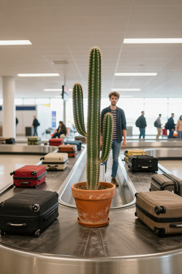 A bright understated visual joke at a small regional airport baggage claim. A healthy cactus in a scuffed terracotta pot