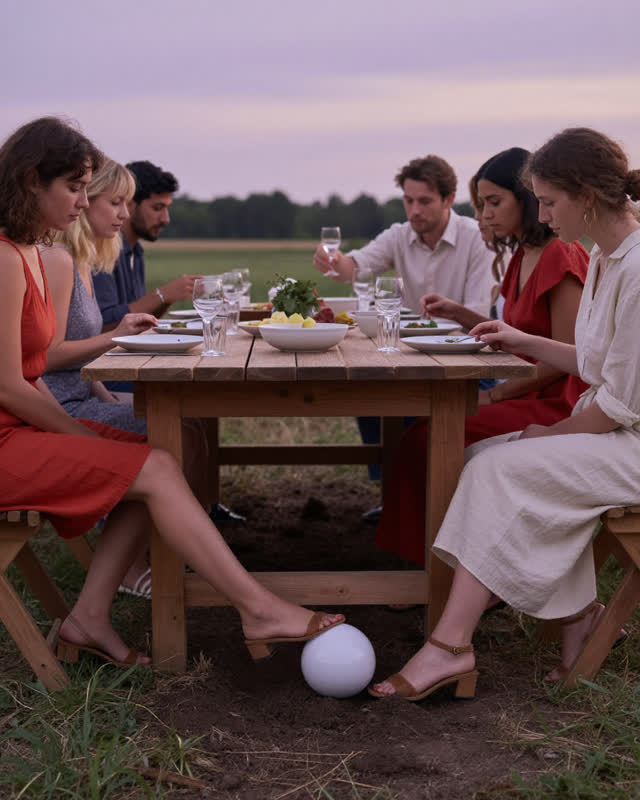 A restrained challenge during a communal outdoor supper on soft summer ground at open dusk. One leg of a long unfinished