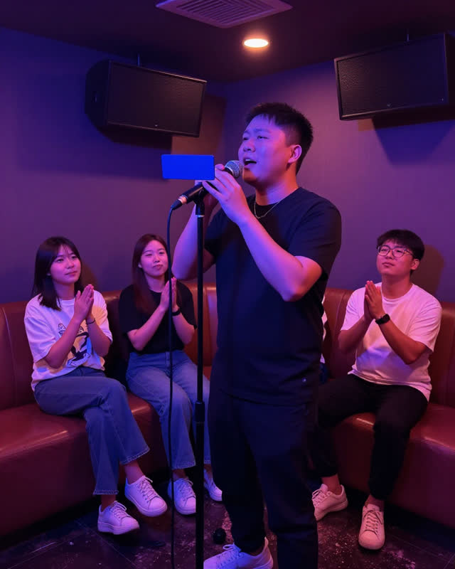A low-tension human challenge inside a small private karaoke room. One adult singer stands in the foreground continuing