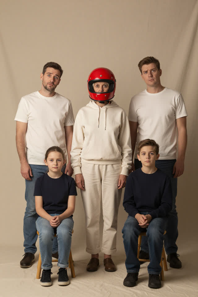A wry formal family portrait in a plain old studio under simple warm tungsten lamps. Five relatives stand and sit in an