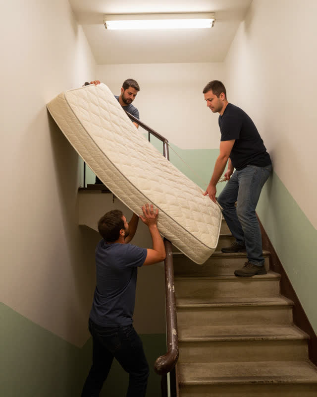 A human-scale challenge in a narrow old apartment stairwell under plain warm fluorescent light. Three adult movers attem