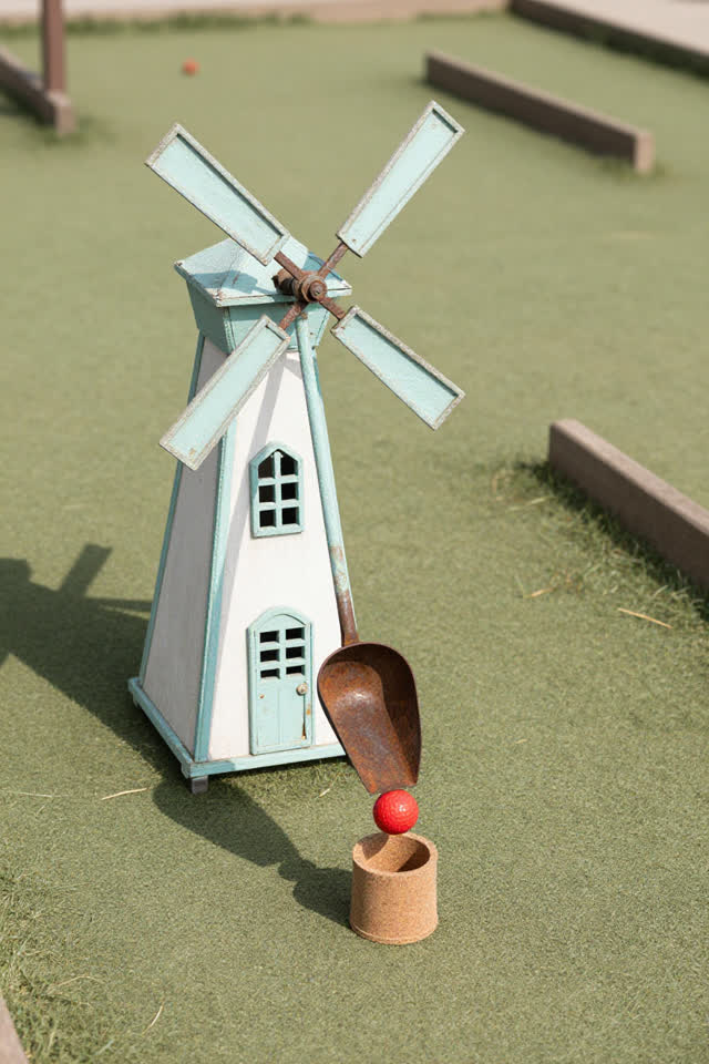 A bright dry visual joke at a faded miniature golf course. From ground level, show a small weathered windmill obstacle w