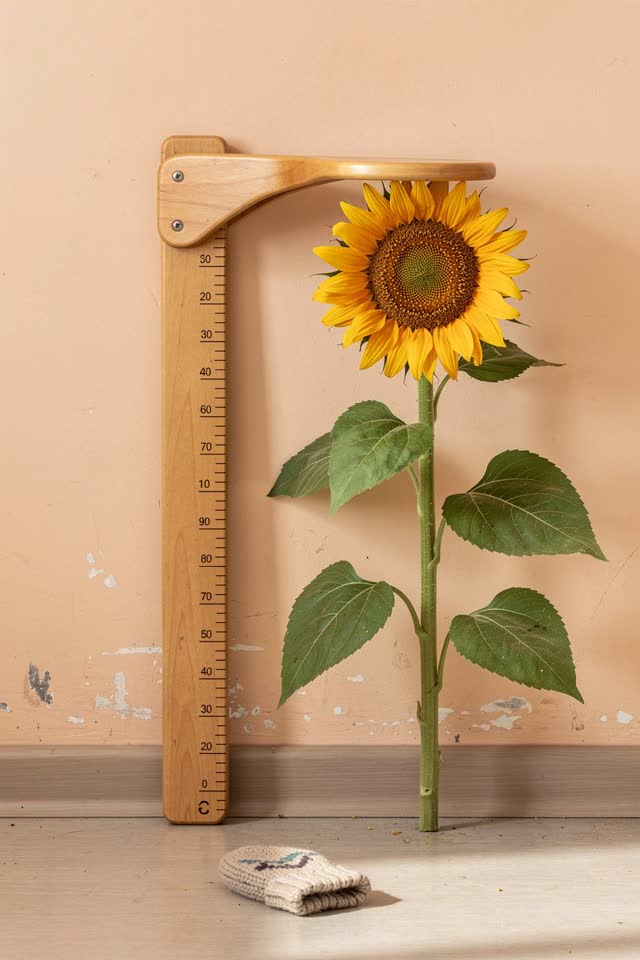 I dream of a cheerful pediatric waiting room where a tall living sunflower has grown beside an ordinary wall-mounted hei