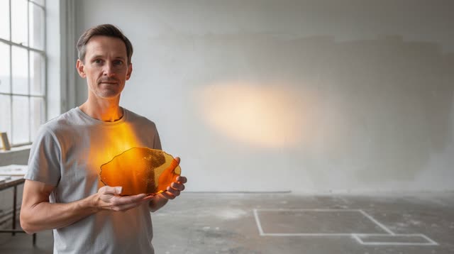 I dream of myself standing in a bright, nearly empty sculpture studio, holding one irregular hand-sized sheet of old amb