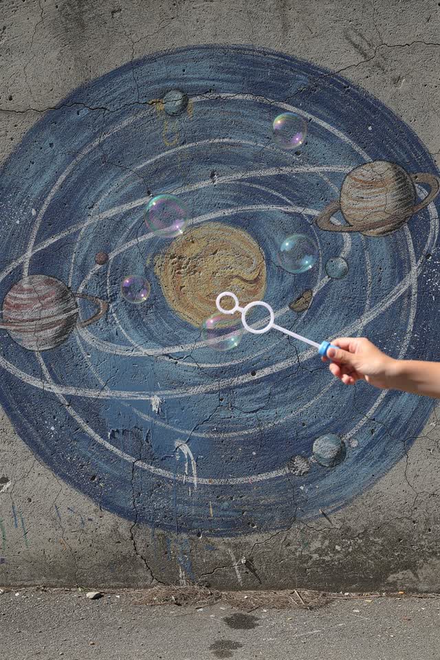 I dream of a faded solar-system mural on a neighborhood playground wall in bright open shade. Several ordinary soap bubb