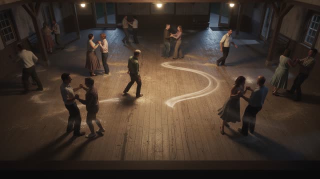 I dream of a dry rural dance hall at night where ordinary movement leaves a brief physical afterimage. A loose group of