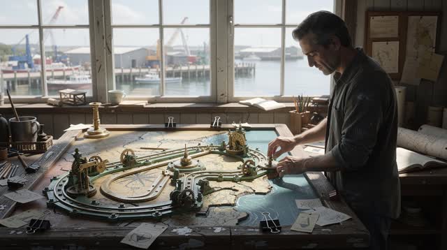 I dream of myself at a worn navigation table in a bright coastal workshop, moving one finger-polished brass quarter-mark