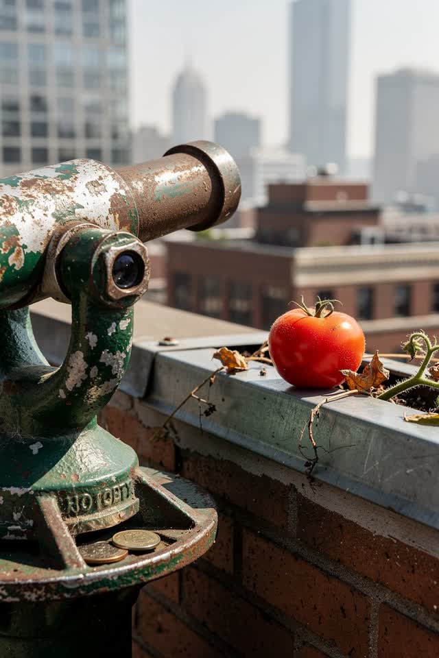 I dream of a coin-operated telescope on a modest public rooftop overlook in hard clean afternoon sun. Although the glitt