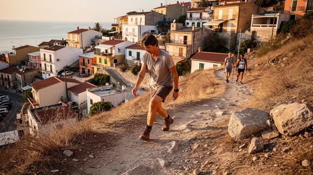 I dream of myself climbing a dry hillside footpath above a colorful coastal town in clear early-morning sun. The path re