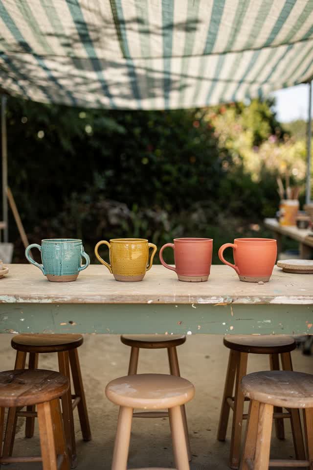 I dream of an open-air ceramics class moments before its students return. Seven freshly fired cups sit along one painted