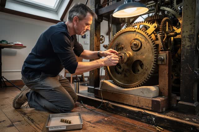 I dream of a conservator kneeling inside the open mechanism room of a public harbor tide clock. A large worn brass wheel