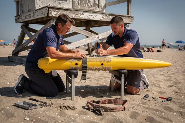 I dream of two beach workers repairing a rescue board beneath the reflected shade of a dry lifeguard station. The board