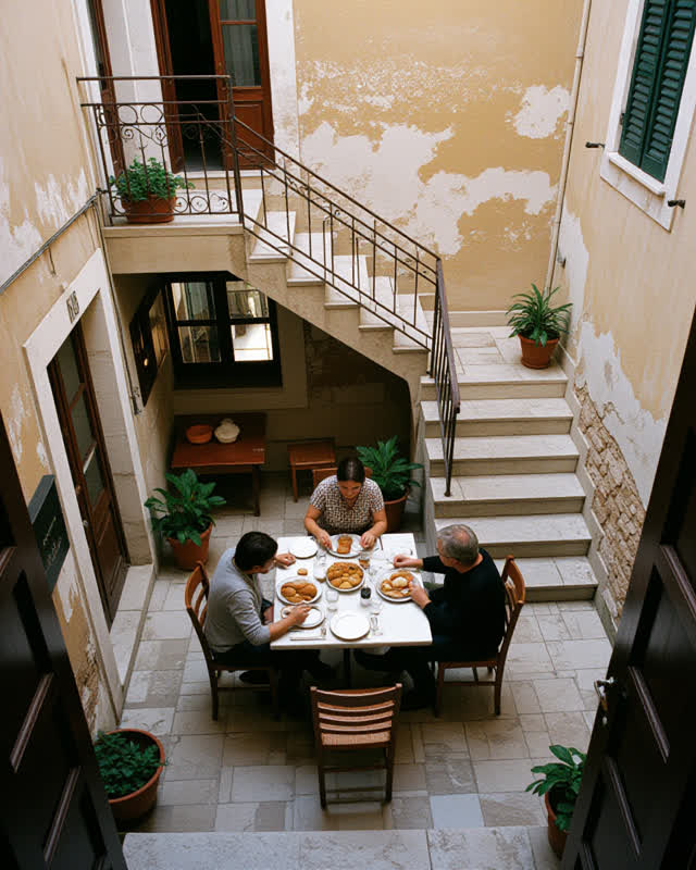I dream of a shaded apartment courtyard during a modest early evening supper. Three diners at one small table have natur