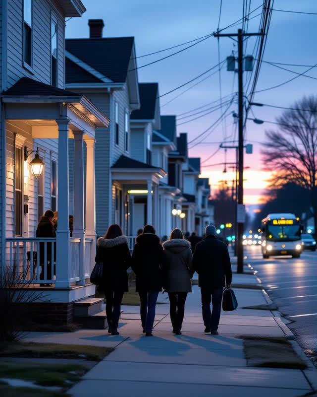 I dream of a cold blue dawn along one row of modest houses facing a small bus stop. Four commuters emerge at naturally s