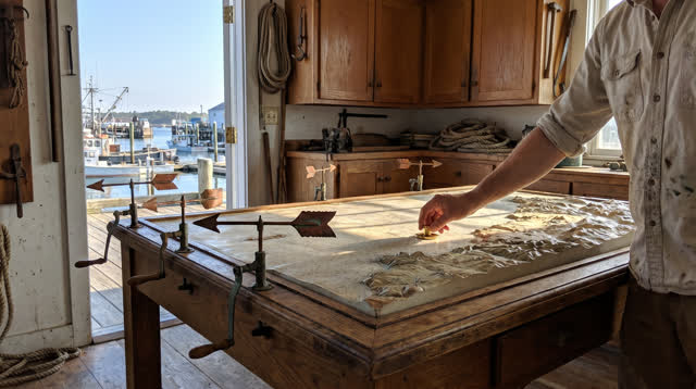 I dream of myself in a bright coastal navigation workshop, advancing one small brass quarter-marker across a large worn