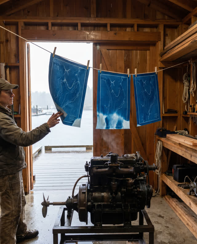 I dream of a working cedar boat shed during a short rain shower. A compact repaired launch engine runs gently on a low s