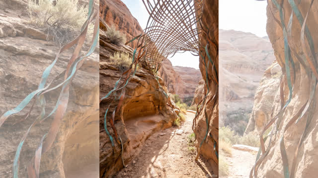 I dream of a dry sandstone canyon where thin ribbons of mineral color peel from natural bedding planes and weave themsel