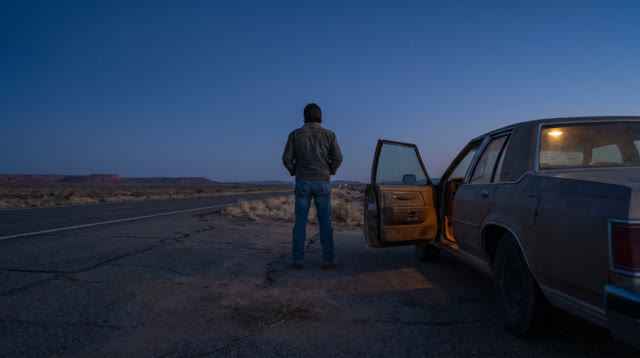 I dream of myself beside a dust-coated car at a remote desert highway turnout during deep blue hour. One door remains op