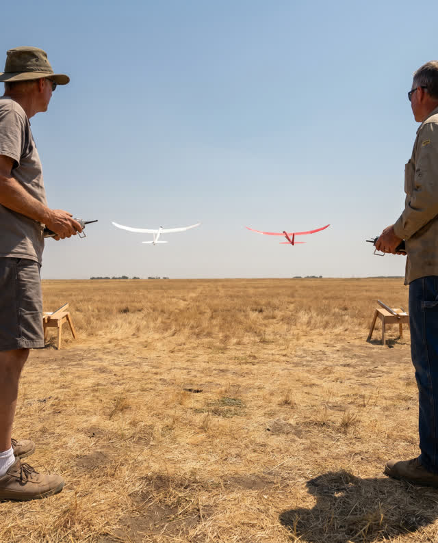 I dream of a broad dry-grass model-flying field under hard afternoon sun. Two adult hobbyists stand far apart at opposit