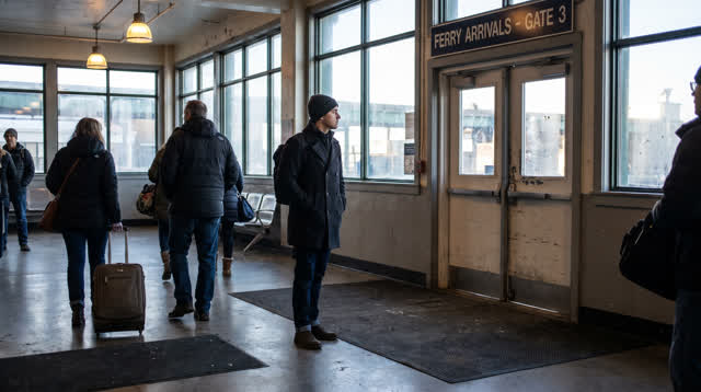 I dream of myself standing in a modest ferry terminal concourse during a cold clear morning. The approaching ferry is st