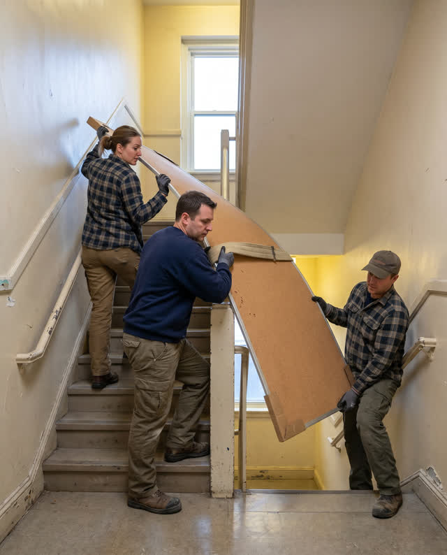I dream of three installers carrying one large flexible cork notice panel around a narrow school stair landing. The lead