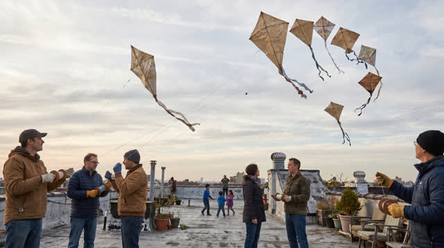 I dream of a broad neighborhood rooftop during a relaxed kite gathering under hazy afternoon color. Seven unequal handma