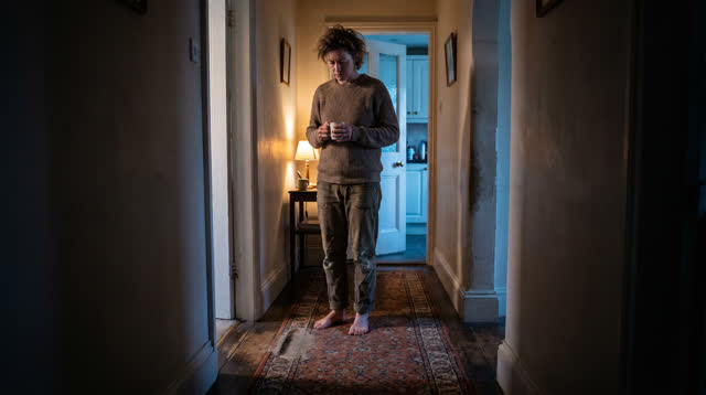 I dream of myself standing barefoot in a narrow lived-in hallway at cold dawn, quietly reading the household through its