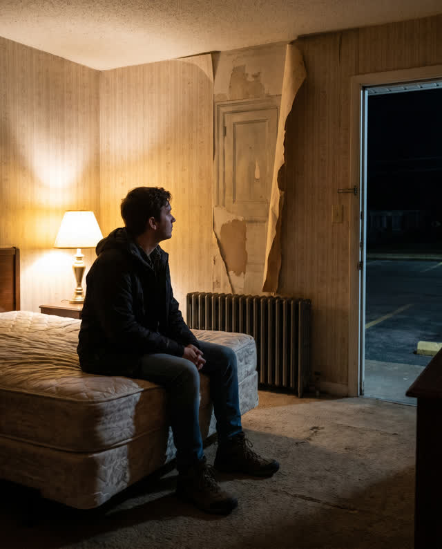 I dream of a plain roadside motel room during a moonless evening. An old radiator has been turned off and is cooling, bu