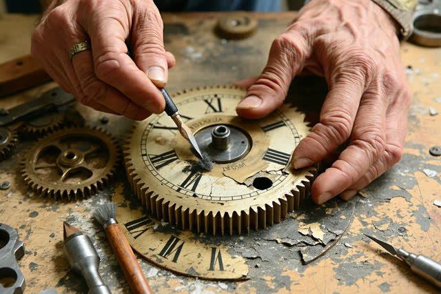 I dream of the mechanism room behind an old seaside tide clock while a skilled conservator restores one damaged wooden g